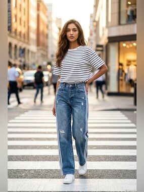 Blue Denim Jeans with  3 White Stripes on Each Side Women’s L / 28